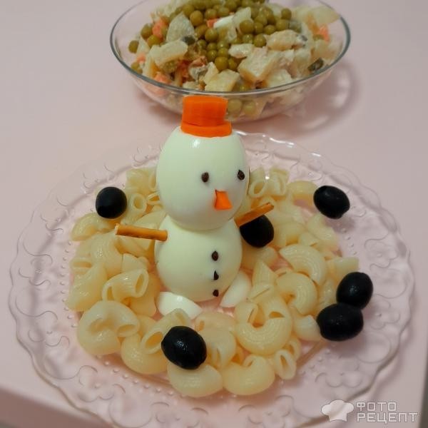 Рецепт: Снеговик из яиц к новогоднему столу - Украшение новогоднего стола, оформление детских блюд.