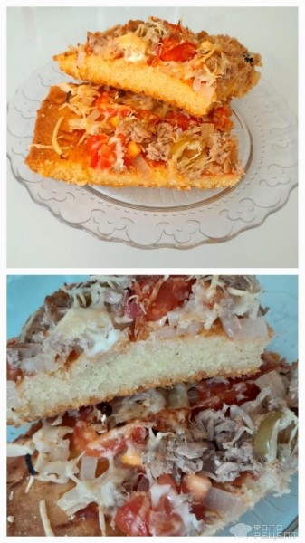 Рецепт: Пицца с тунцом - Домашняя пицца с тунцом и оливками по-средиземноморски. Пицца на жидком тесте - рецепт от Бельковича