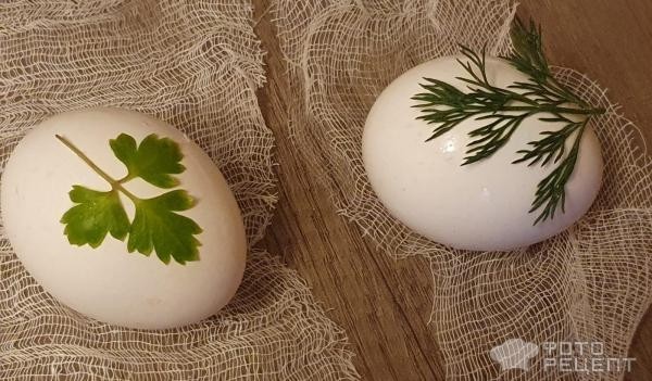 Рецепт: Крашеные яйца в луковой шелухе к Пасхе - яйца пасхальные с узором, с укропом и петрушкой