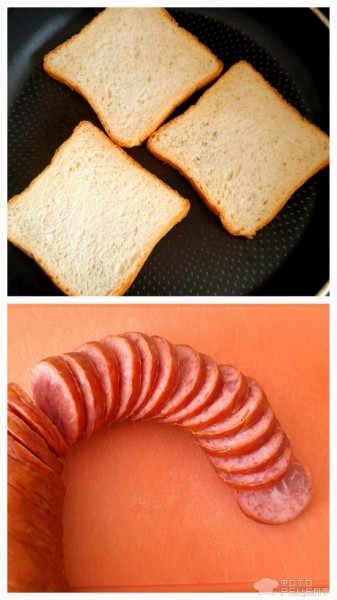 Рецепт: Быстрый бутербродный завтрак - С сыром фета, помидорами и колбасой.