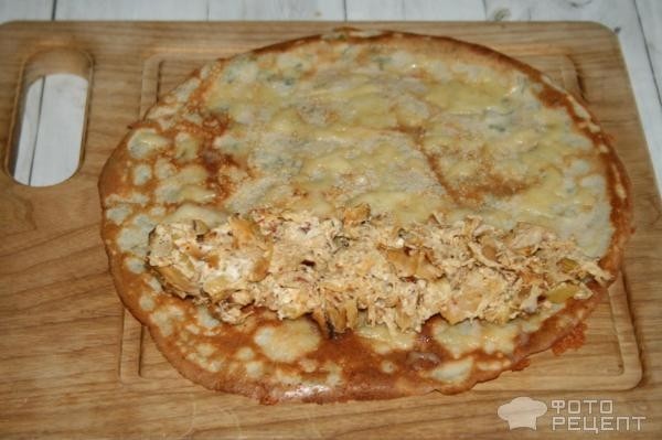 Рецепт: Фаршированные блинчики - с отварной индейкой и сливочным сыром