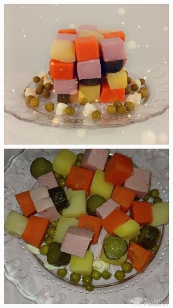 Рецепт: Новогодняя закуска "Кубик Оливье" - Идеи украшения новогодних блюд + идея заданий для адвент-календаря.