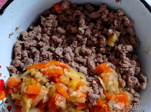 Рецепт: Блины с сочной мясной начинкой - С добавлением лука, моркови и тыквы.
